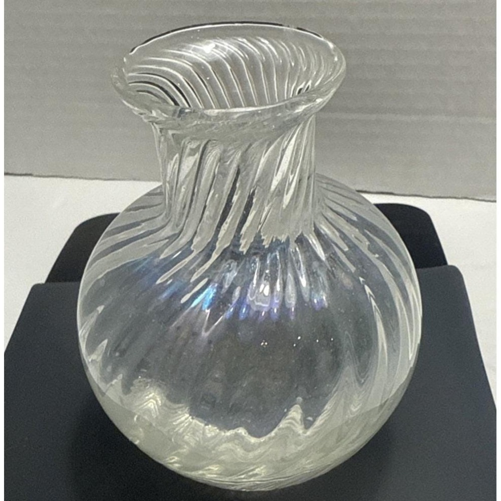 Clear Iridescent Art Glass Ripple Swirl Vase W/ Weighted Glass Bottom 4.5" Tall